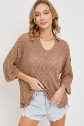 Mocha Pointelle V-neck Knit Top Simmer & Fay S